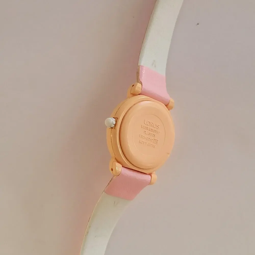 Girls Watch White Dial Orange Case Pink Faux Leather Band Lorus Quartz V821-0210